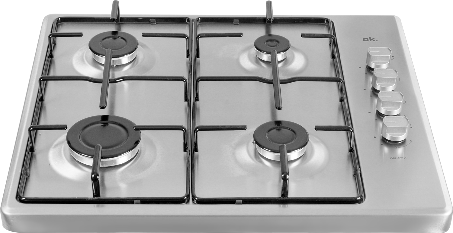 Een roestvrijstalen gasfornuis met vier branders.