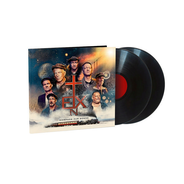 Albumcover mit einer Gruppe von Männern. Zwei schwarze Schallplatten sind rechts.