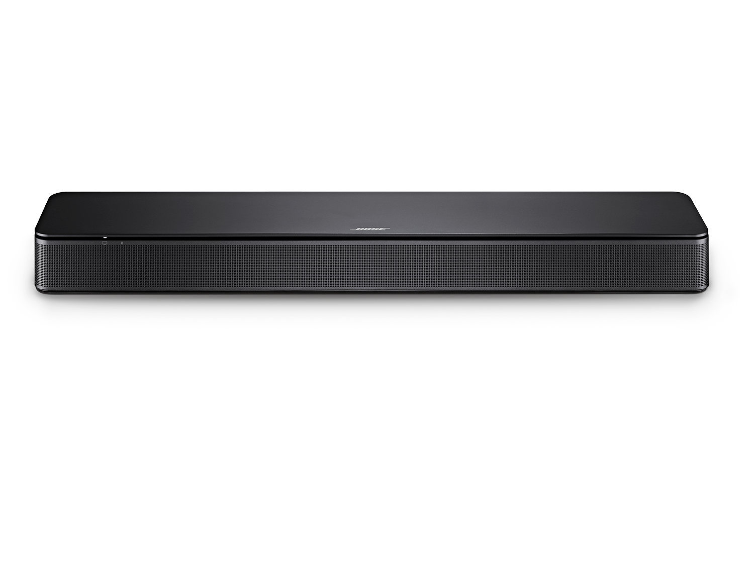 Bose soundbar, zwart, rechthoekige vorm, geplaatst op een donker oppervlak.