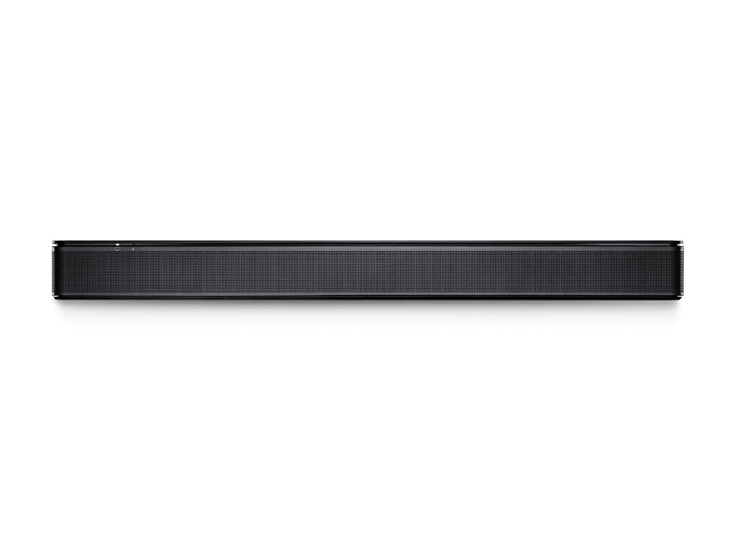 Een zwarte soundbar tegen een zwarte achtergrond. De soundbar is gecentreerd.
