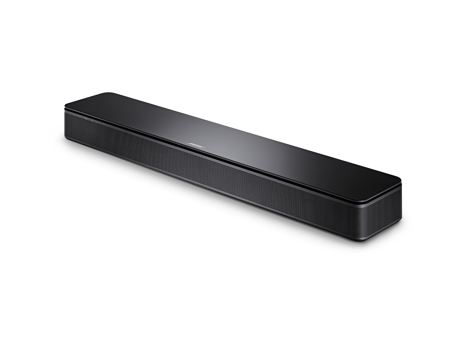 Een zwarte soundbar met een mesh voorkant en een glanzende bovenkant. Zwarte achtergrond.