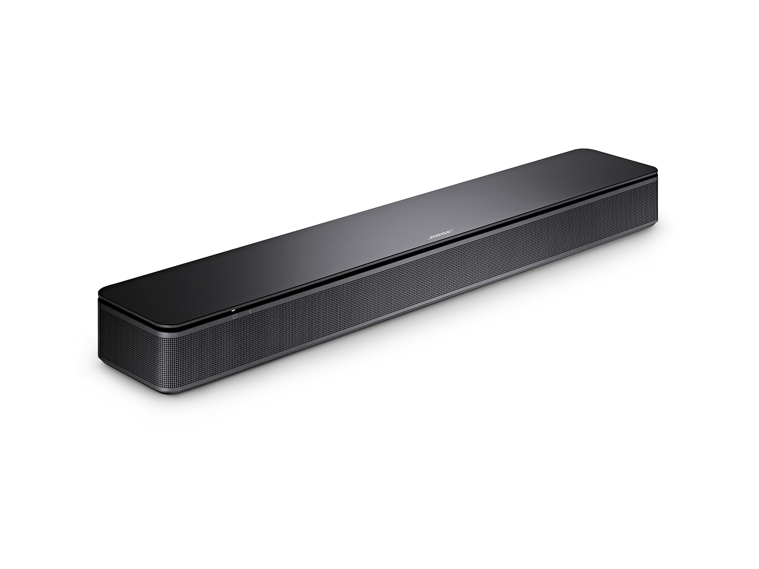 Zwarte Bose soundbar op zwarte achtergrond. De soundbar is horizontaal. Bose-logo is zichtbaar.