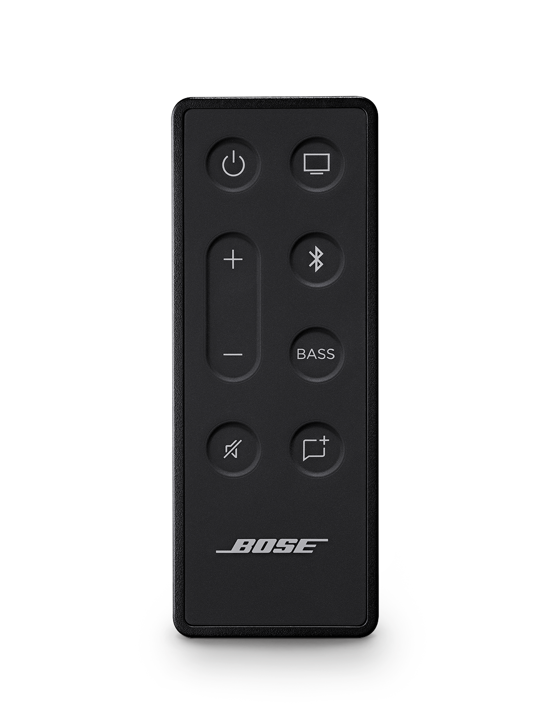 Een zwarte Bose afstandsbediening met knoppen voor stroom, volume en andere functies.
