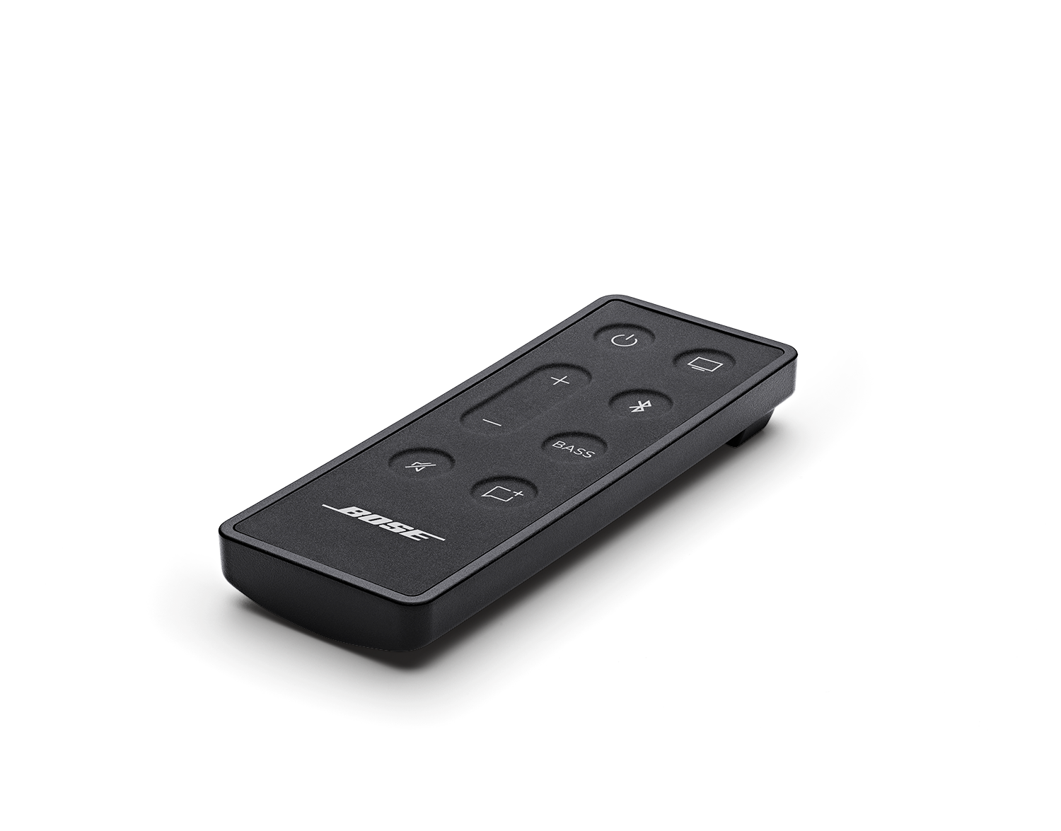 Zwarte Bose-afstandsbediening met verschillende knoppen, op een zwart oppervlak.