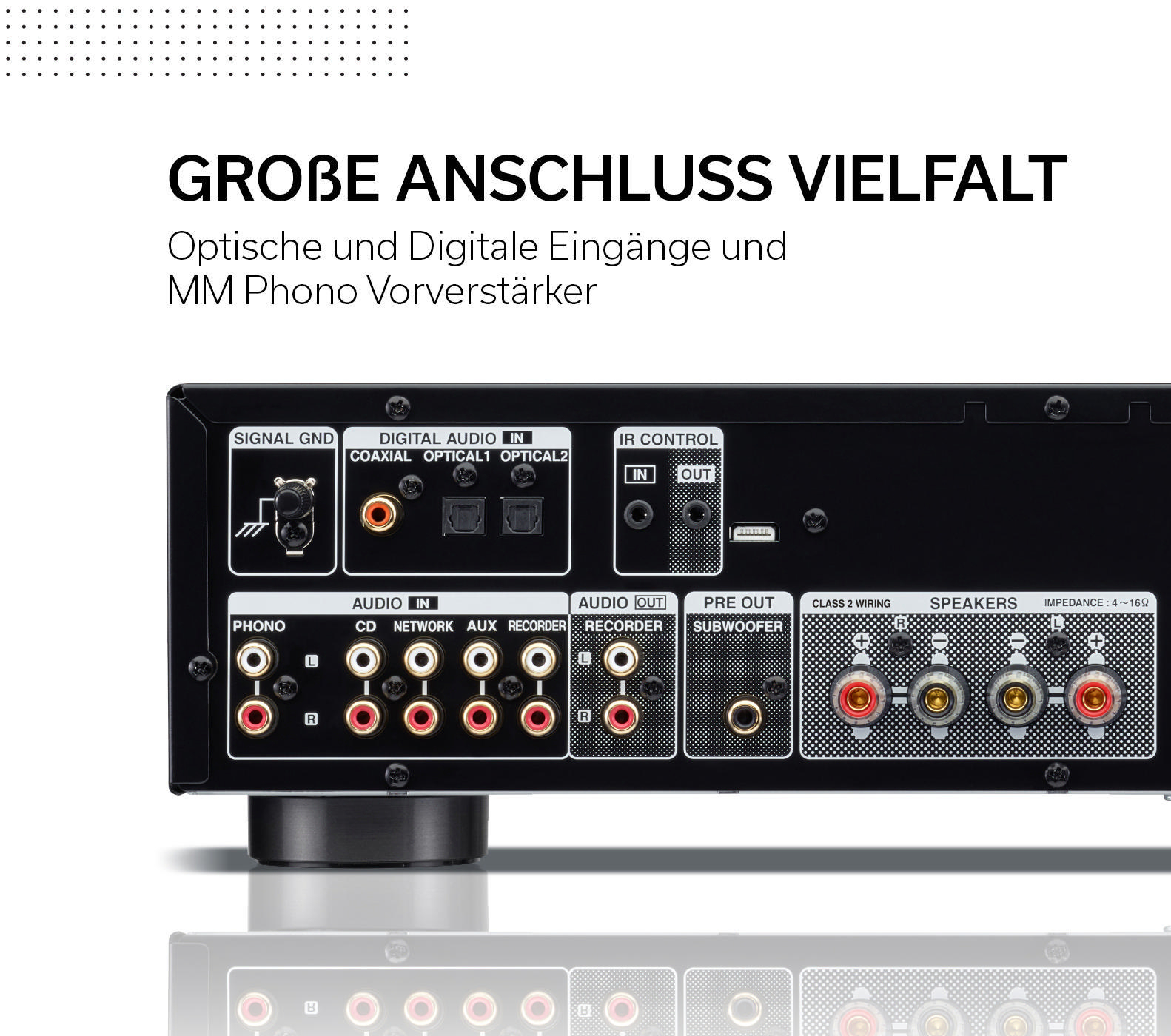 Rückseite eines Audio-Receivers mit beschrifteten Ein-/Ausgängen, Text auf Deutsch.
