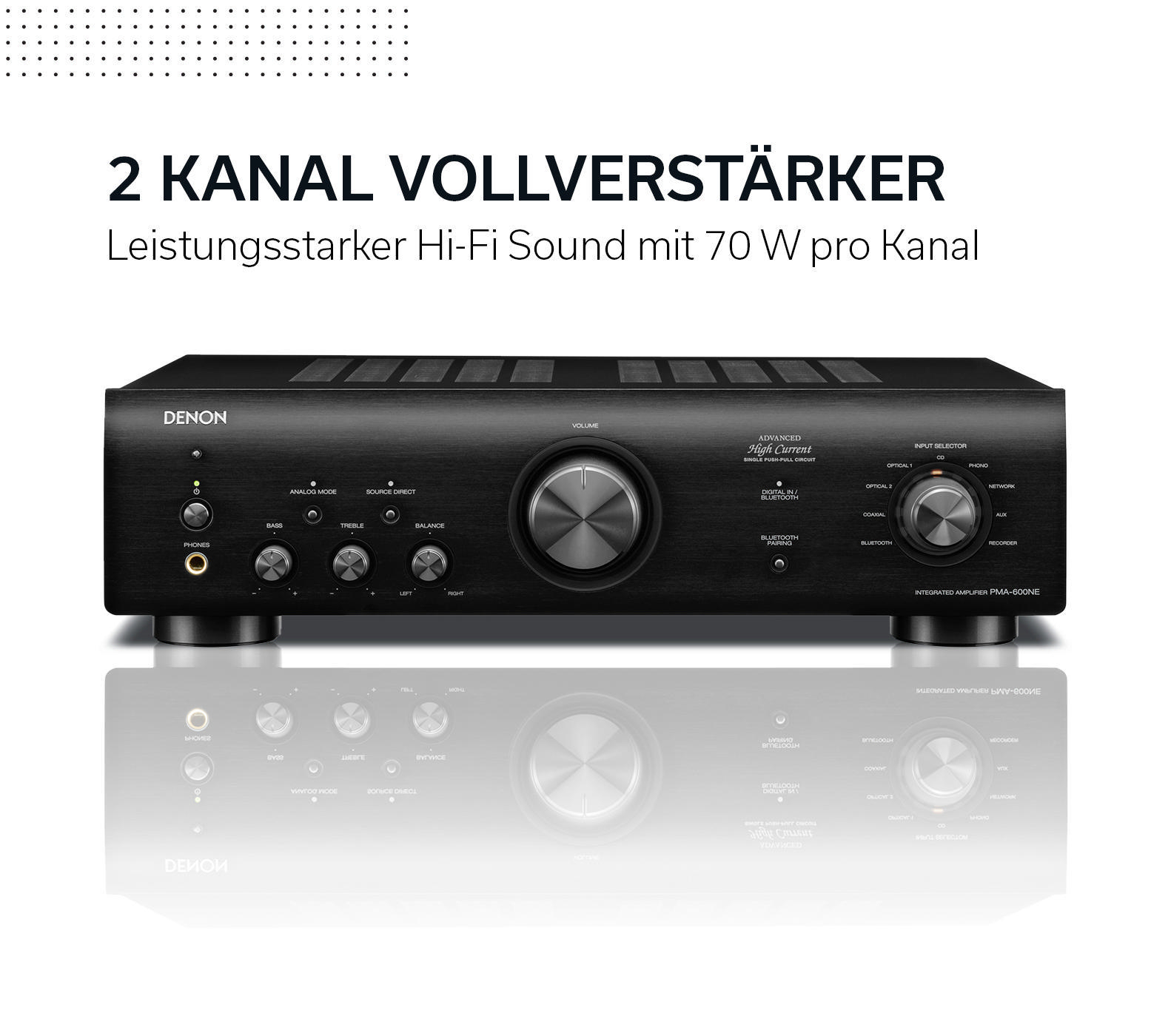 Denon-Verstärker, schwarz, Vorderansicht. Mit Lautstärkeregler, Tasten und verschiedenen Eingangsauswahlen.
