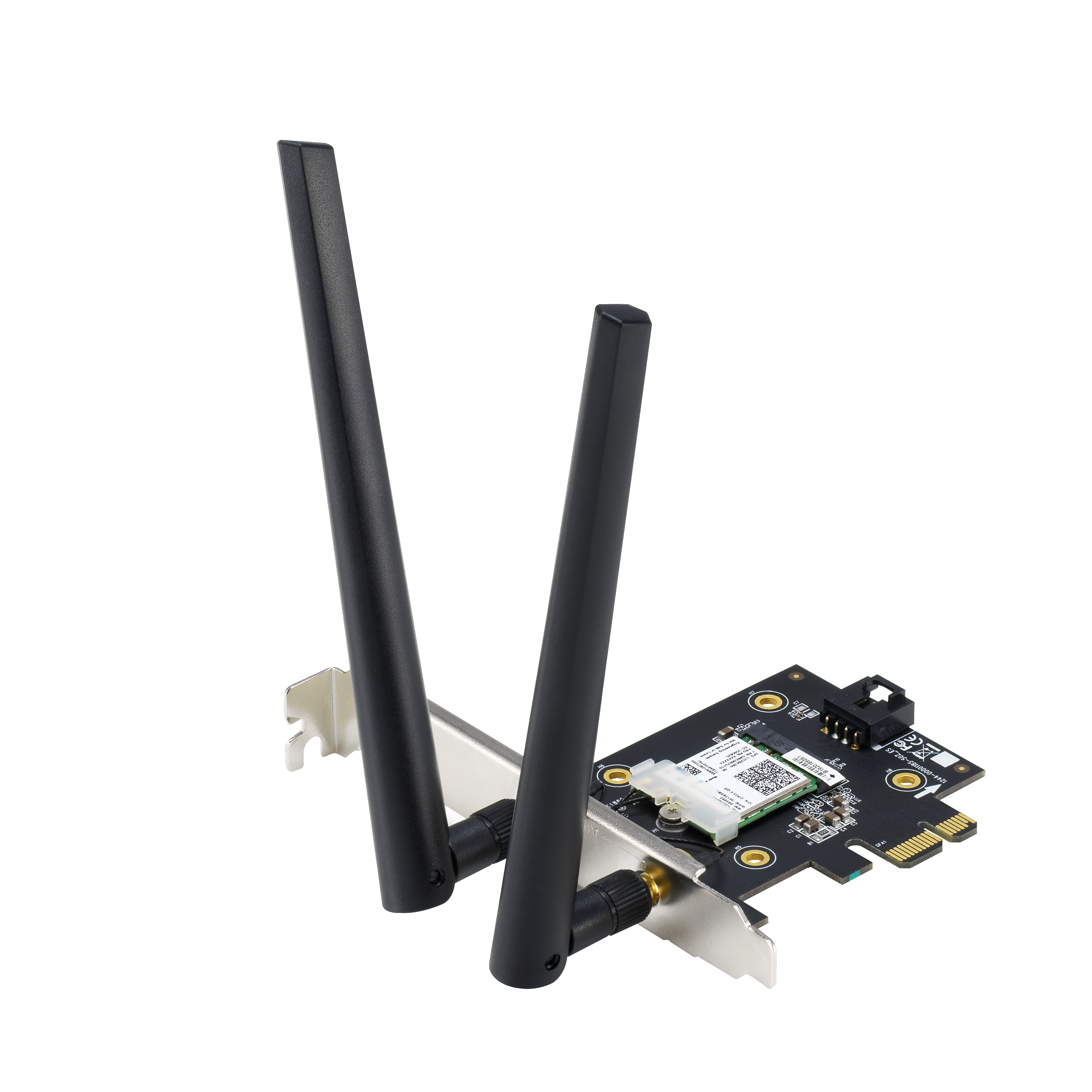 Eine Computerkomponente mit zwei Antennen. Es ist eine schwarz-silberne WLAN-Karte.