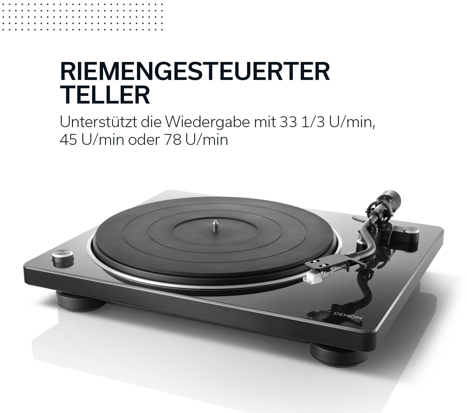 Schwarzer Plattenspieler mit Denon-Logo auf weißem Hintergrund.