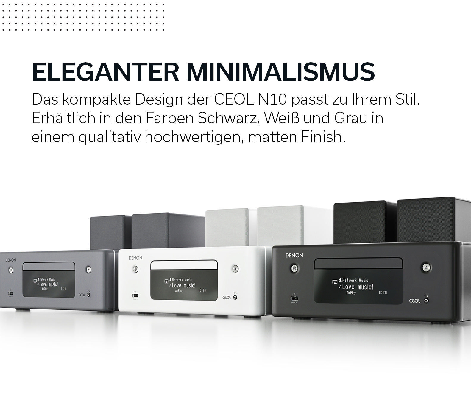Drei Denon-Audiosysteme in Grau, Weiß und Schwarz. Text: 'Eleganter Minimalismus'.