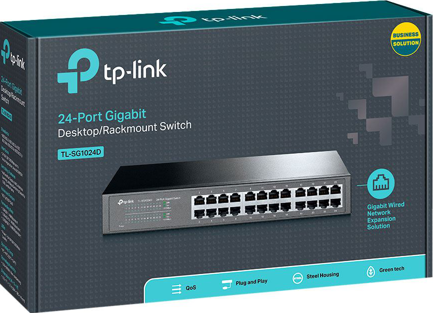 Una scatola per uno switch Gigabit a 24 porte tp-link. La scatola è grigio scuro con accenti verde acqua. Lo switch è visibile sulla scatola.