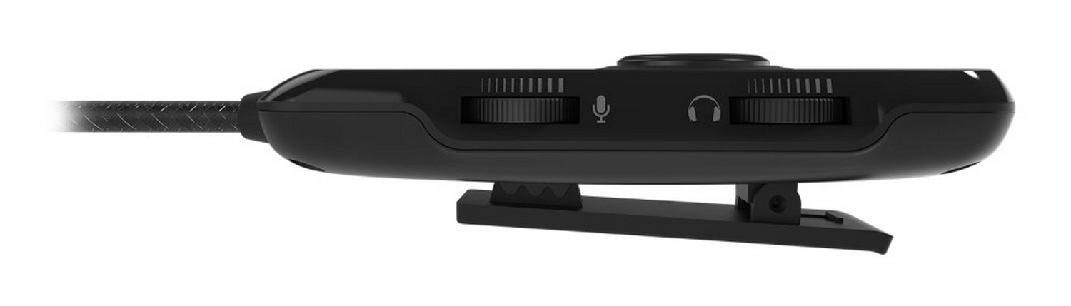Dispositivo de audio negro con controles de volumen y micrófono. Tiene un clip.