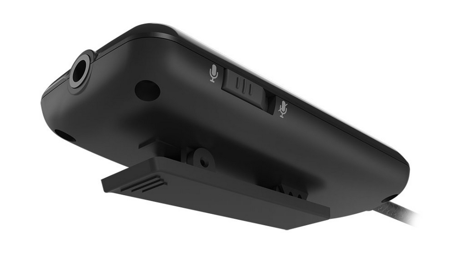Dispositivo rectangular negro con conector para auriculares y botones. La parte trasera tiene un clip.
