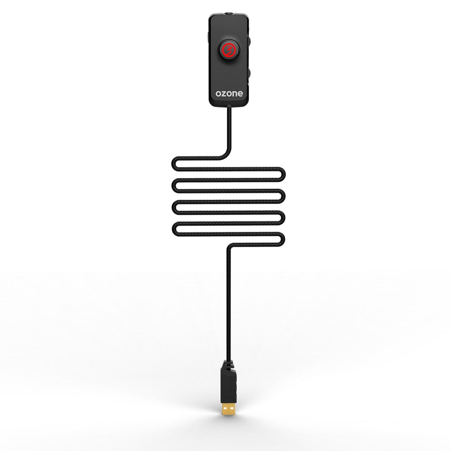 Grabadora de voz Ozone negra con un botón rojo. Está conectada a un cable USB.
