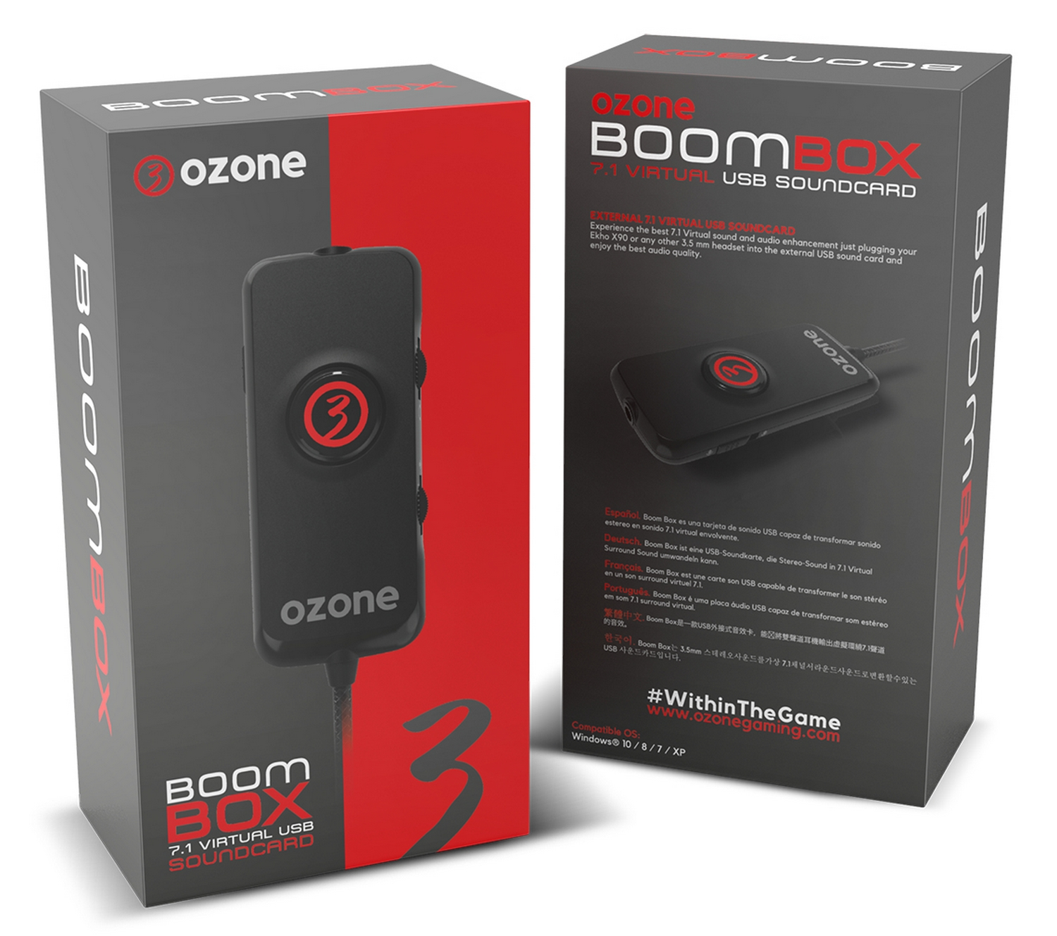 Dos cajas negras y rojas de la tarjeta de sonido Ozone BoomBox. Texto y logo visibles.