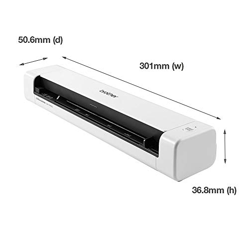 Un escáner Brother blanco con medidas. Muestra las dimensiones y el logotipo de Brother.