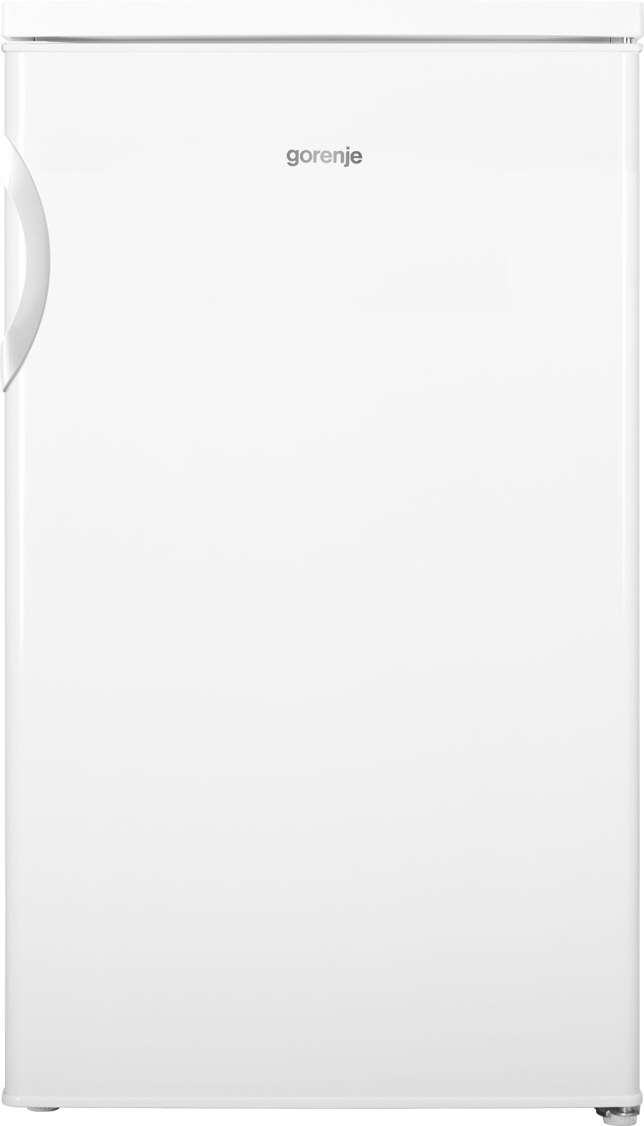 Fehér Gorenje hűtőszekrény, elölnézet, ezüst fogantyúval, egyedül.