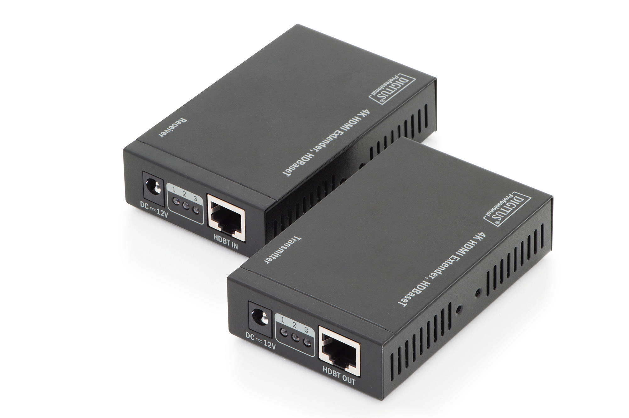 Zwei schwarze HDMI-Extender auf weißem Hintergrund. Text und Anschlüsse sind sichtbar.