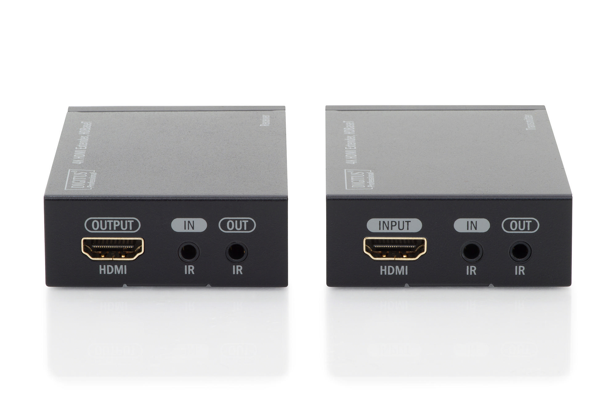 Zwei schwarze HDMI-Extender. Jeder hat einen HDMI-, IR- und Ausgangs-/Eingangsanschluss.