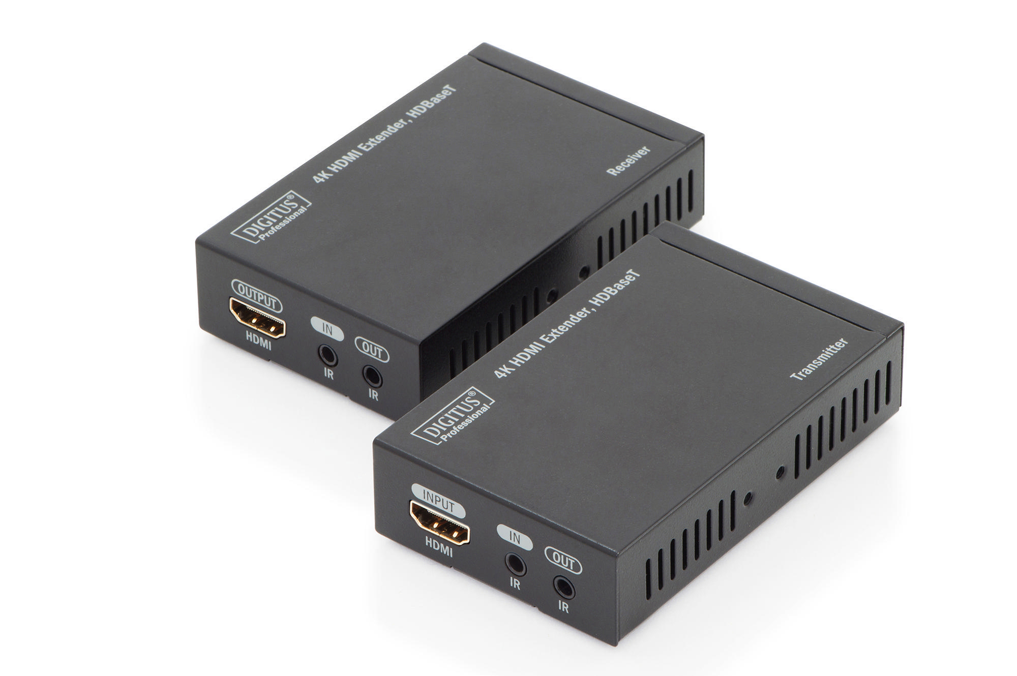 Zwei schwarze HDMI-Extender mit der Bezeichnung 'Receiver' und 'Transmitter'.