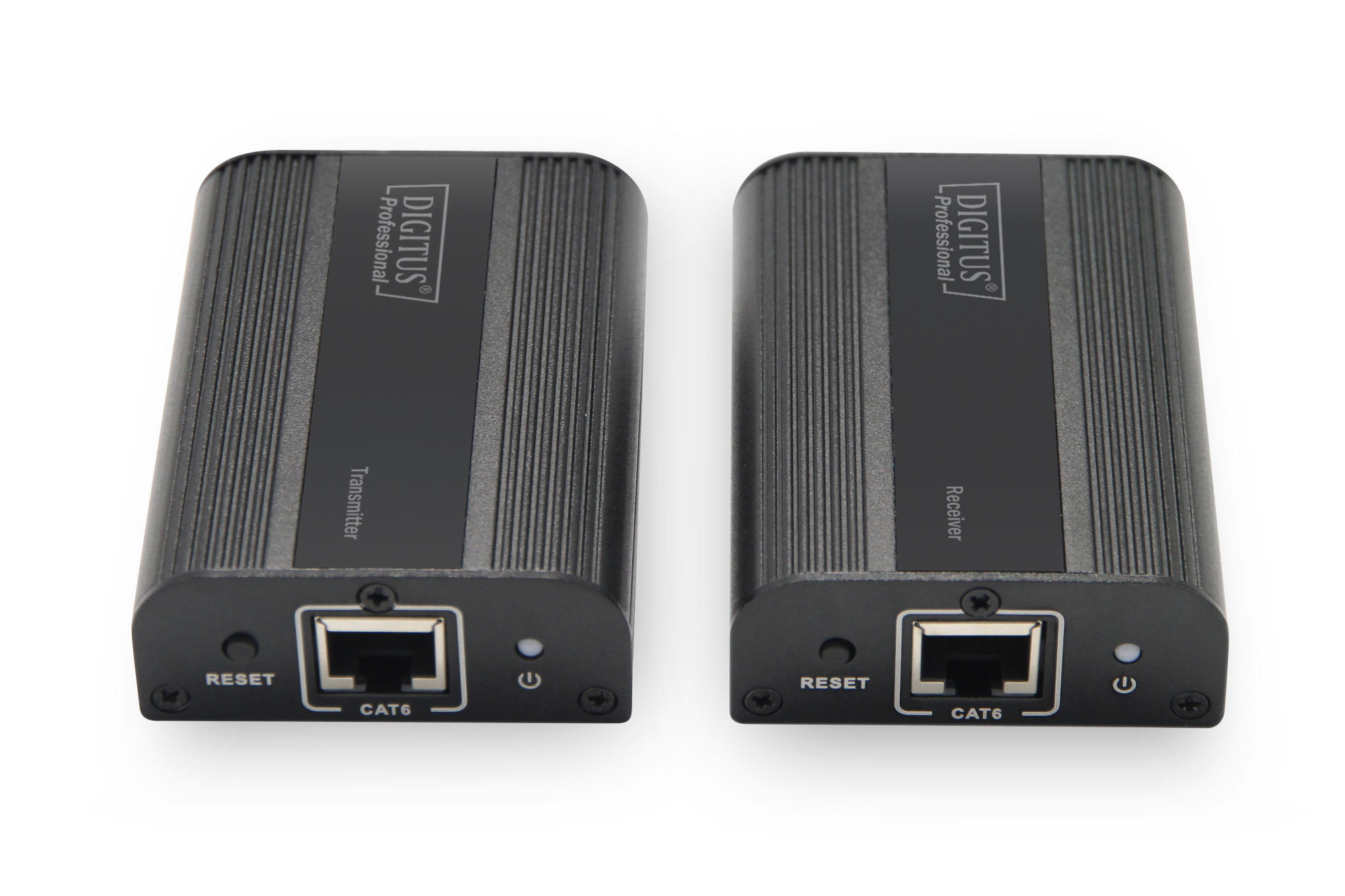 Zwei schwarze Digitizer CAT6 Transmitter/Receiver-Einheiten mit Reset-Tasten.