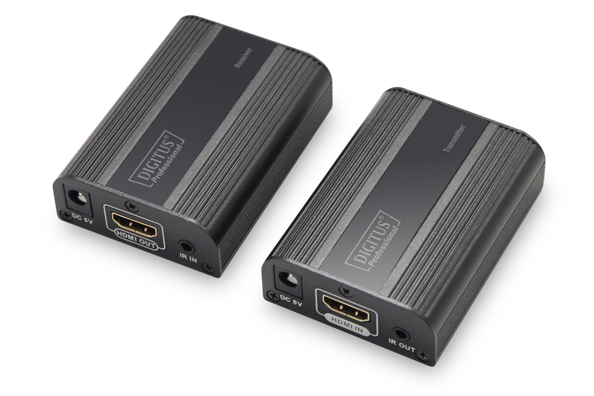 Zwei schwarze HDMI-Extender-Geräte, Sender und Empfänger, mit Anschlüssen.