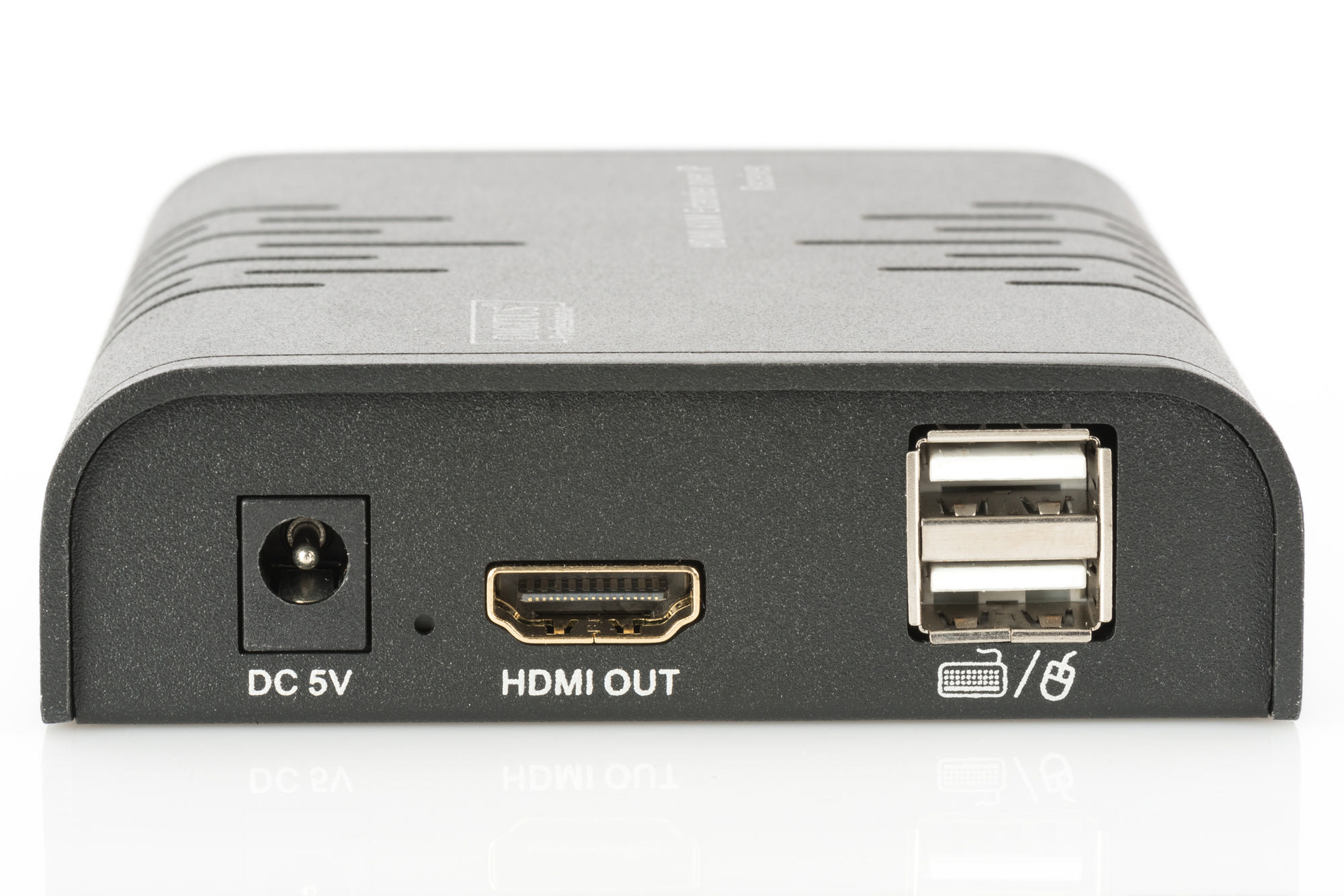 Schwarzer HDMI-Adapter mit Strom- und USB-Anschlüssen. Text: 'HDMI OUT' und 'DC 5V'.