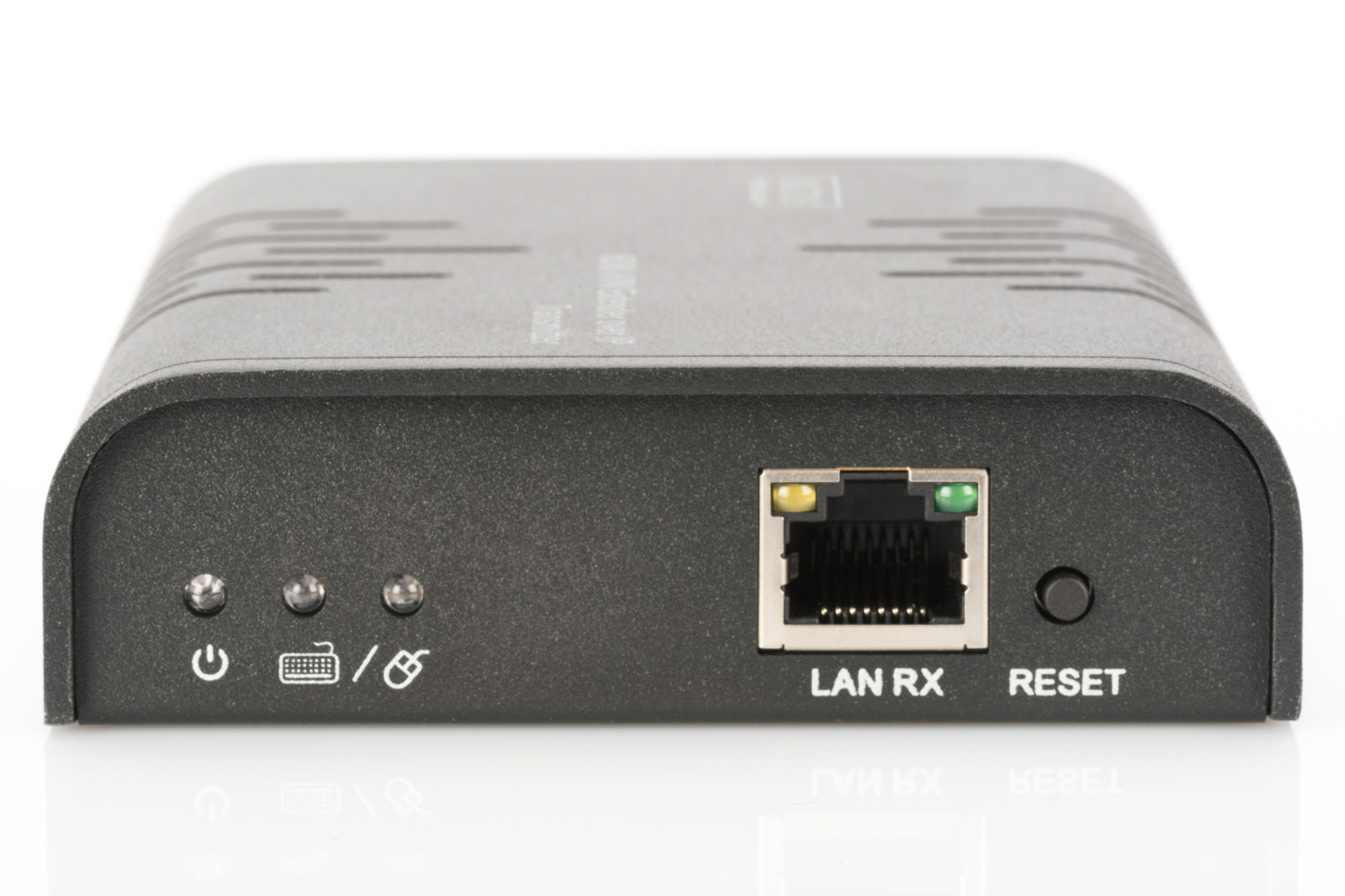 Ein schwarzes Gerät mit LAN RX, Reset-Taste und Kontrollleuchten.