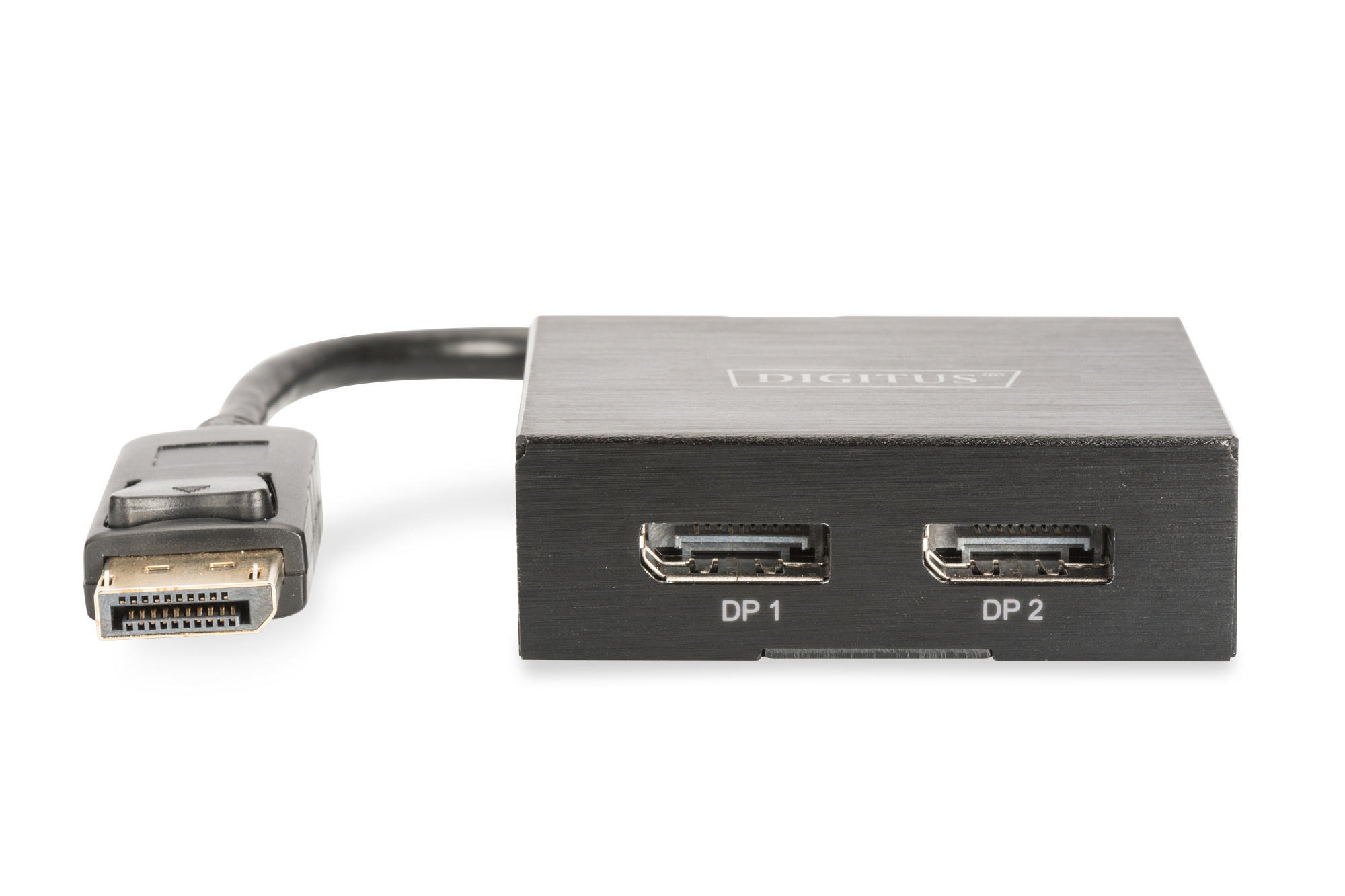 Schwarzer DisplayPort-zu-DisplayPort-Splitter auf weißem Hintergrund.