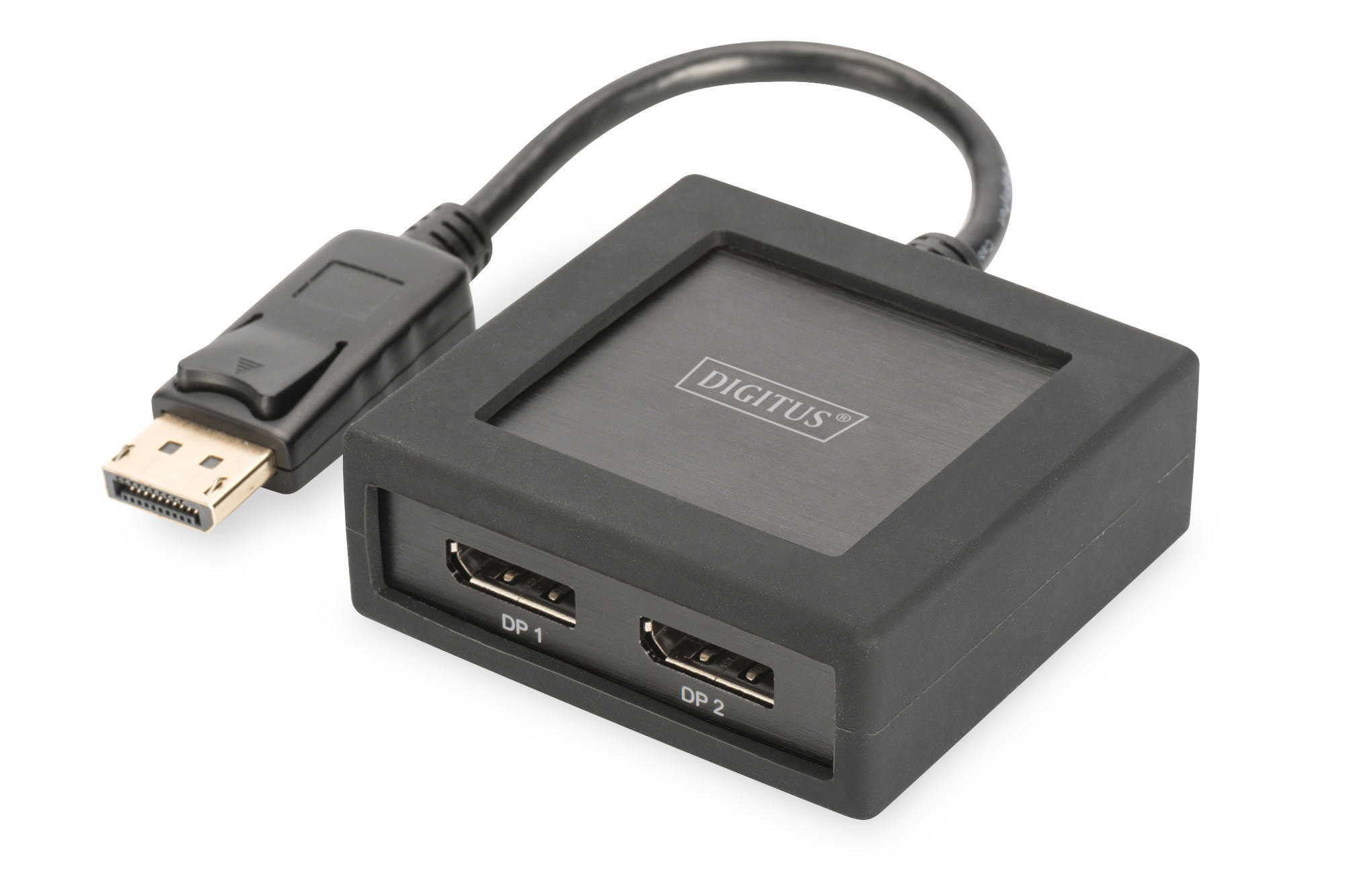 Schwarzer DisplayPort-zu-HDMI-Adapter. Verfügt über einen DisplayPort-Eingang und zwei HDMI-Ausgänge.