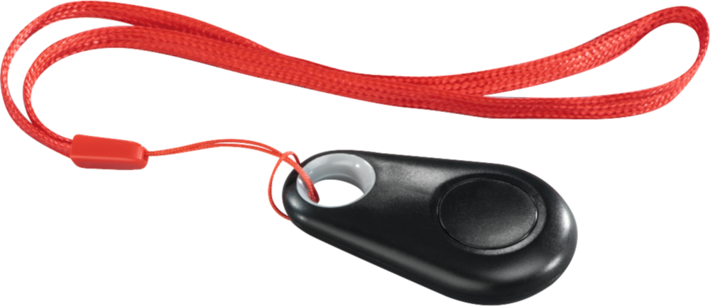 Un porte-clés noir de forme ovale avec un cordon rouge.