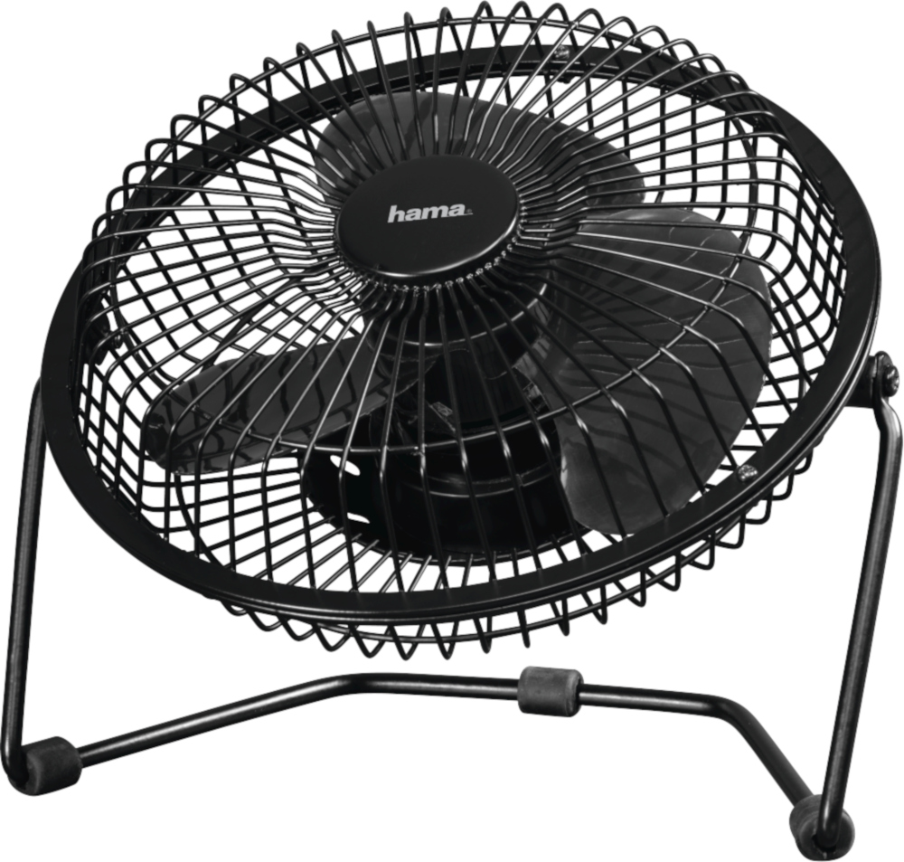 Un ventilateur de bureau noir avec une cage et des pales en métal. Il a un support incurvé et un logo Hama.