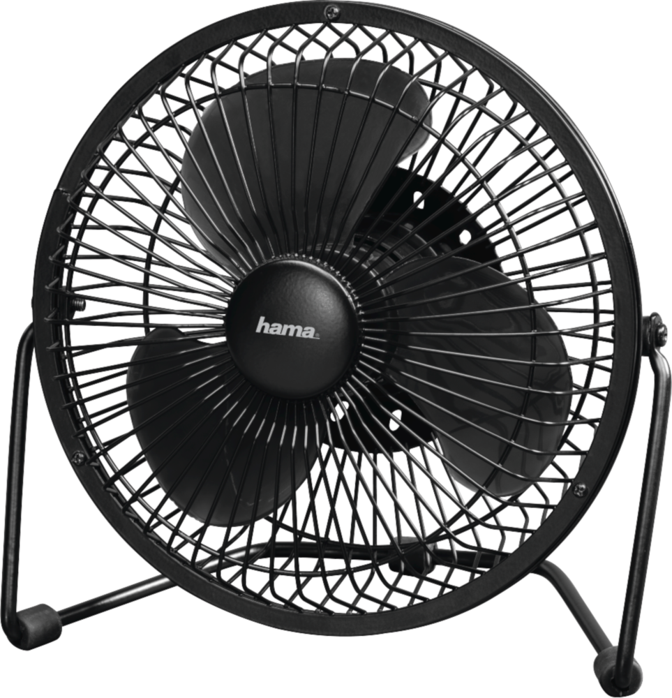 Ventilateur de bureau noir avec une cage circulaire, le logo 'hama' et un support.