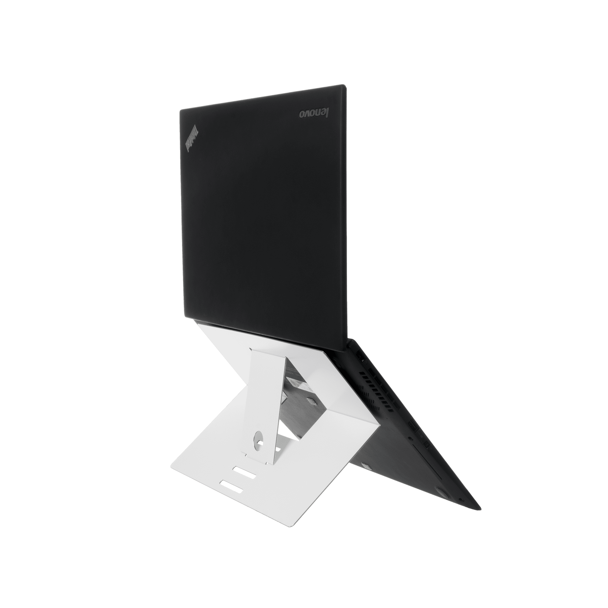 Black Lenovo laptop on a white stand. The laptop is open, showing the screen. The background is green.