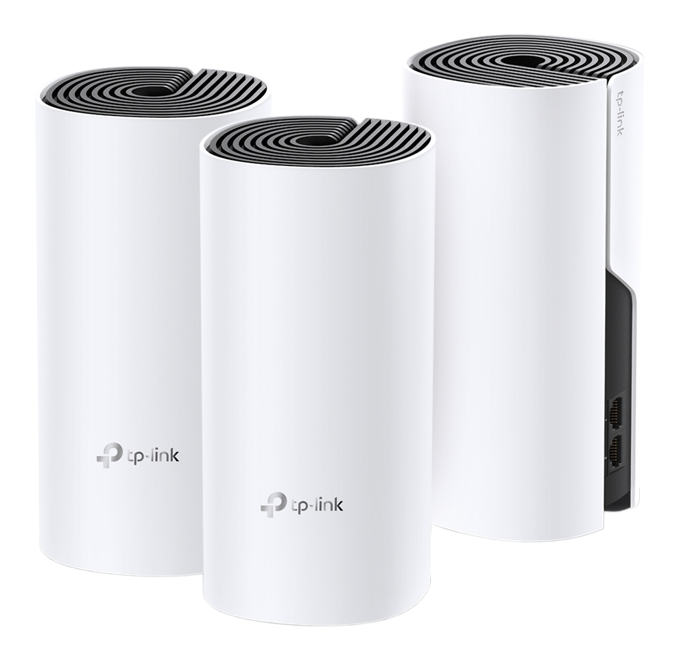 Trois unités WiFi maillées TP-Link cylindriques blanches. Ouvertures noires sur le dessus, avec le logo TP-Link.