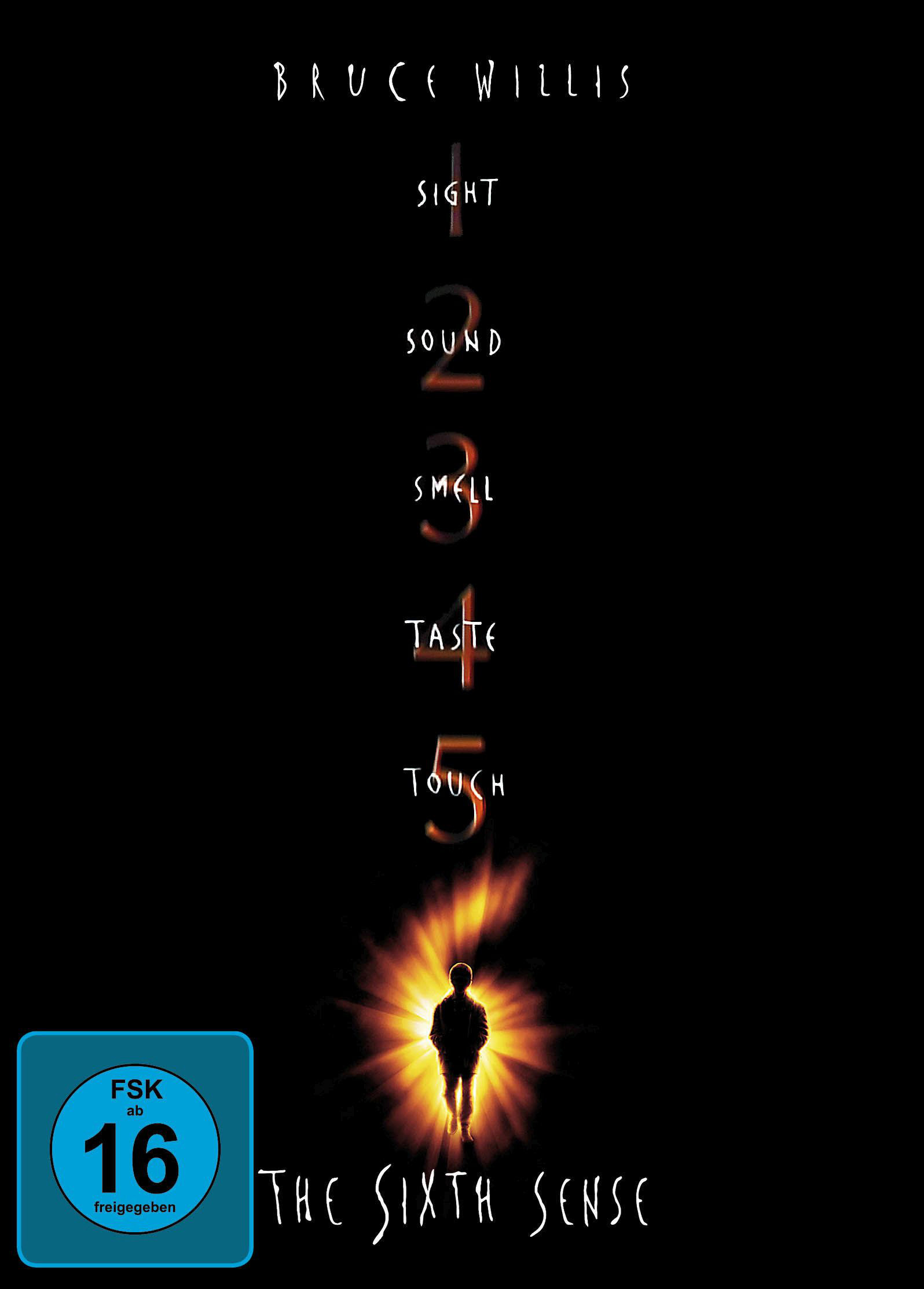 Filmcover: The Sixth Sense. Bruce Willis. Text: Sehen, Hören, Riechen, Schmecken, Berühren. Silhouette.