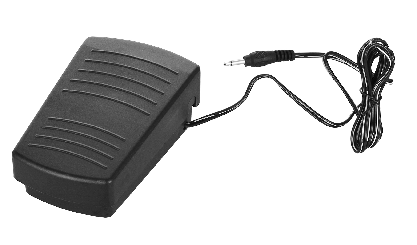 Schwarzes Fußpedal mit Kabel und Klinke.