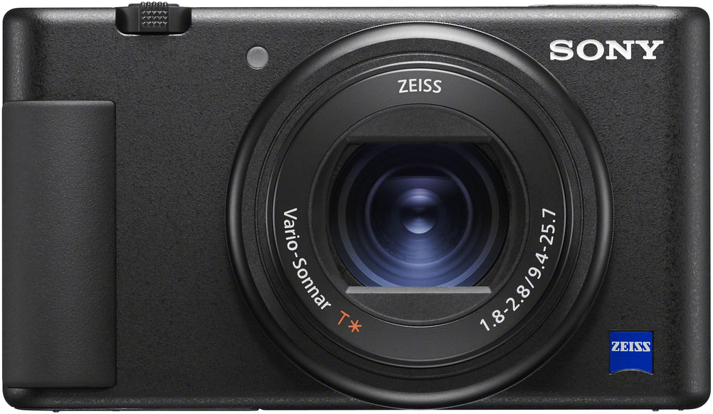 Fekete Sony fényképezőgép ZEISS objektívvel. Fehér háttér.