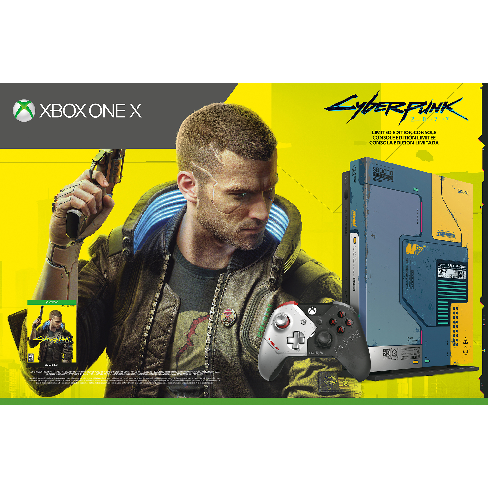 Cyberpunk 2077 Limited Edition Xbox One X Konsole und Spielbox. Mann mit Waffe.