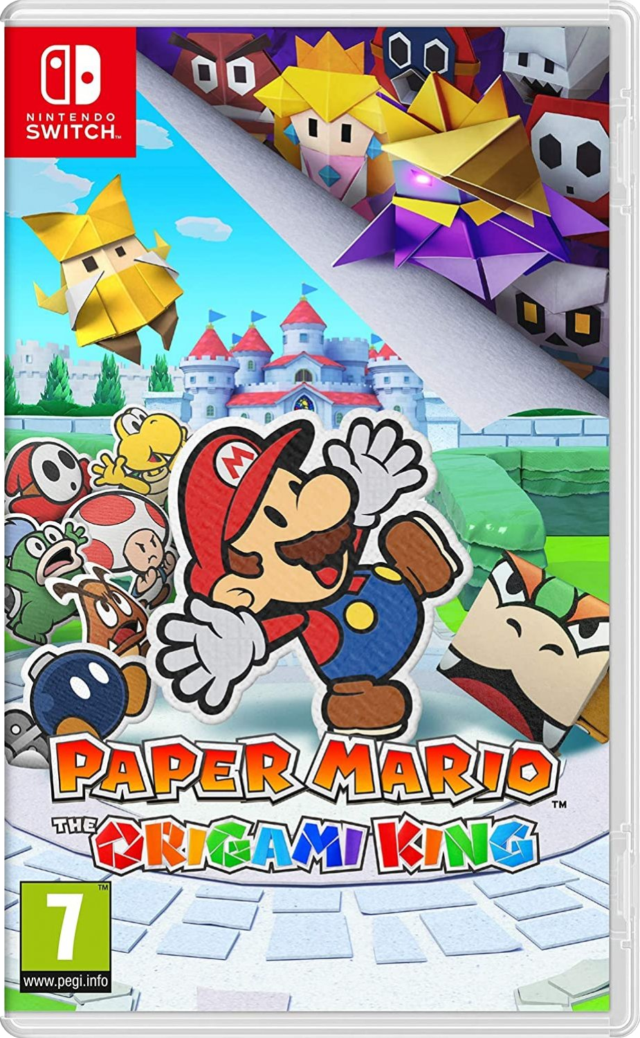Couverture du jeu Paper Mario. Mario en pose de saut avec des figurines en origami.