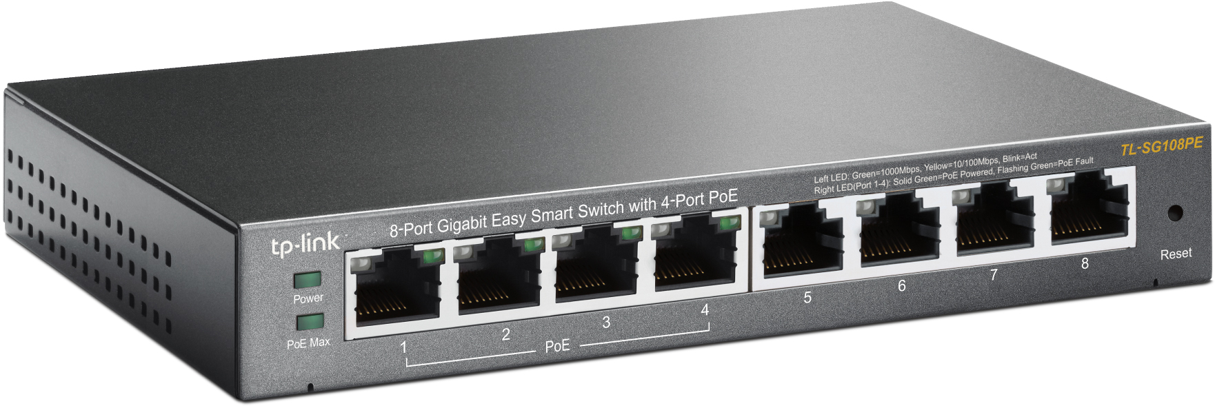 Switch Gigabit Easy Smart TP-Link 8 ports avec ports PoE, LED et bouton de réinitialisation.