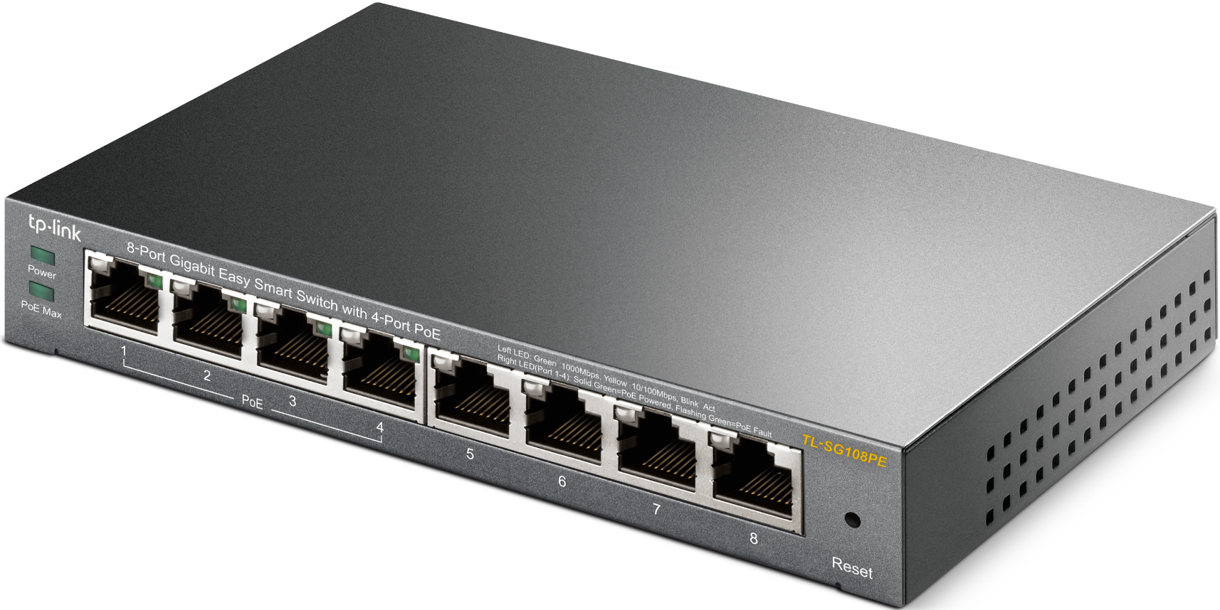 Commutateur réseau noir à 8 ports avec ports PoE. Bouton de réinitialisation.