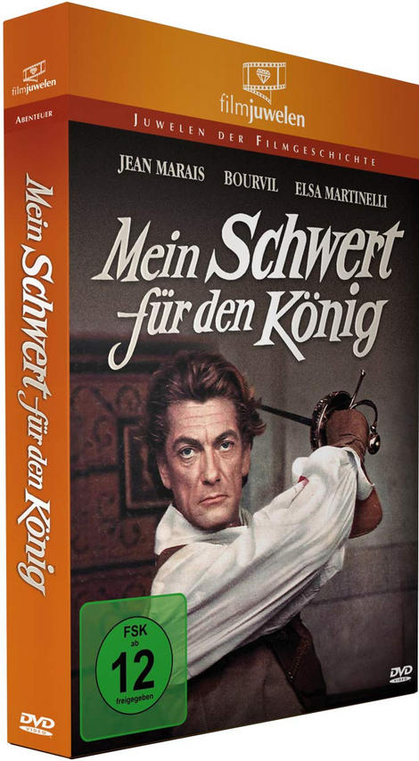 DVD-Box für 'Mein Schwert für den König'. Mann mit weißem Hemd, Schwert haltend. Dunkler Hintergrund.