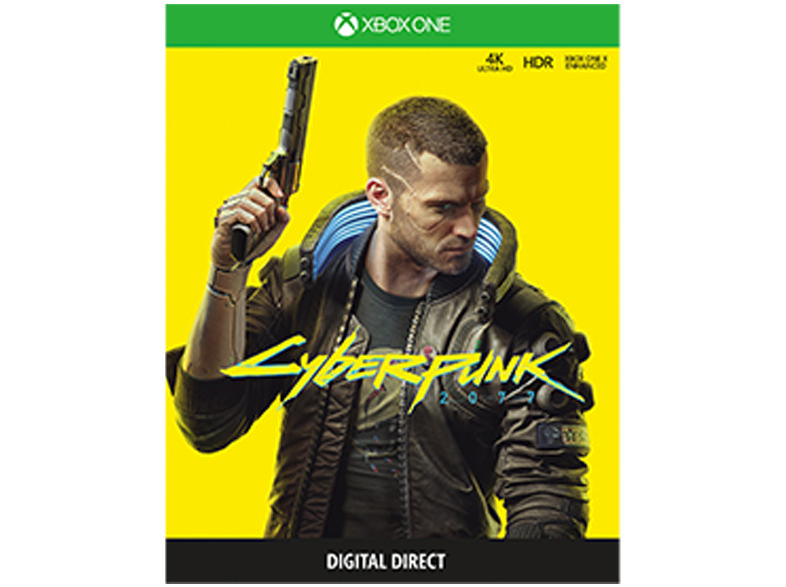Cyberpunk 2077-Spielcover mit einem Mann, der eine Waffe hält, auf gelbem Hintergrund.