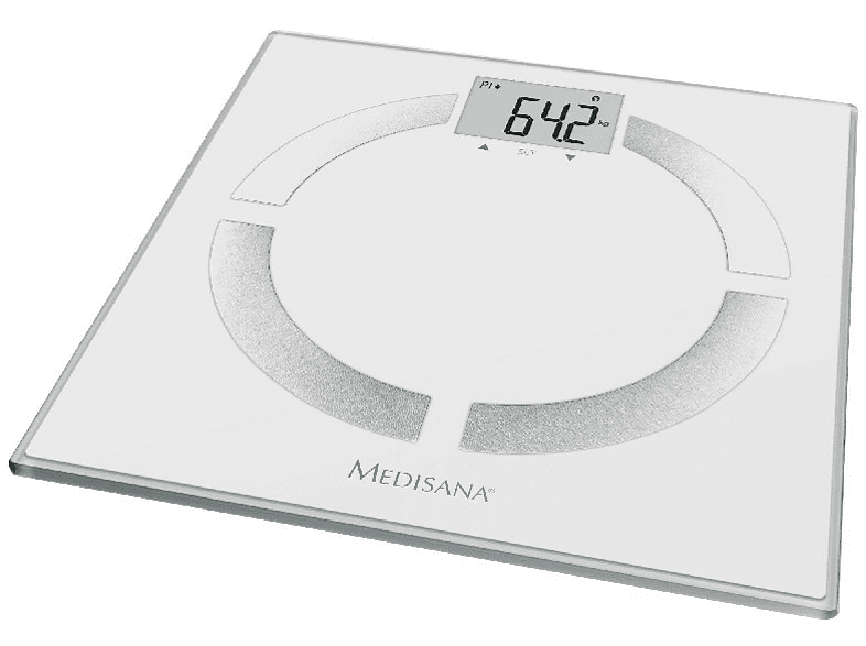 Una báscula digital blanca con una pantalla que muestra 64,2 kg. La marca MEDISANA es visible.