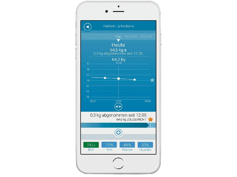 Smartphone blanco mostrando un gráfico de peso. Muestra gráficos y datos.