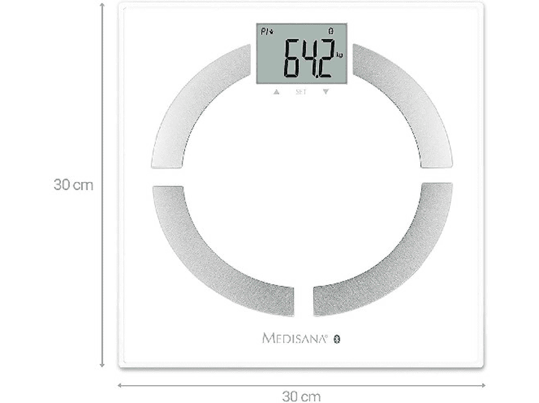 Una báscula digital blanca con una pantalla circular que muestra el peso.