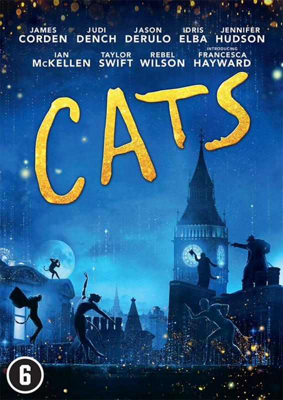 Cats filmposter. Figuren in silhouet tegen een stadsachtergrond. De titel is geel.