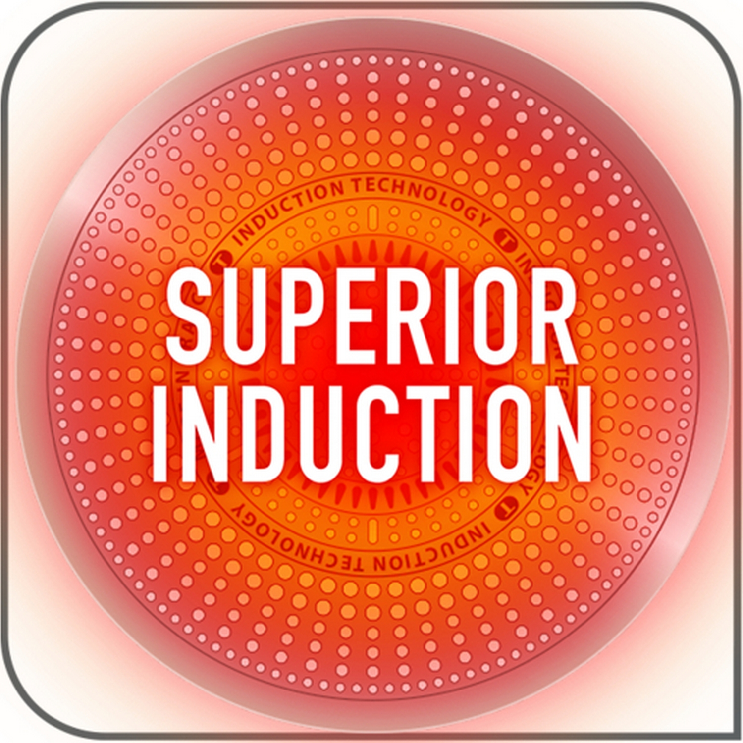 Una sartén roja con texto blanco que dice 'Superior Induction', dentro de un círculo rojo con tecnología de inducción.