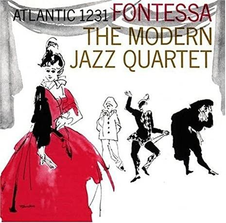 A The Modern Jazz Quartet album borítója, egy vörös ruhás nővel és stilizált táncoló figurákkal.