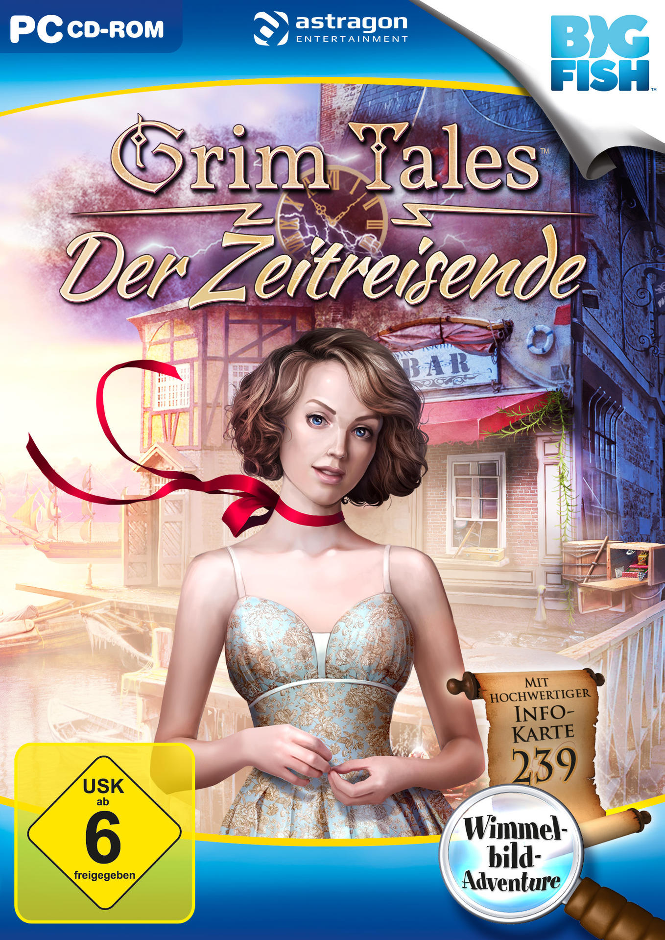 Grim Tales: Der Zeitreisende Spielcover mit Frau und Gebäuden.